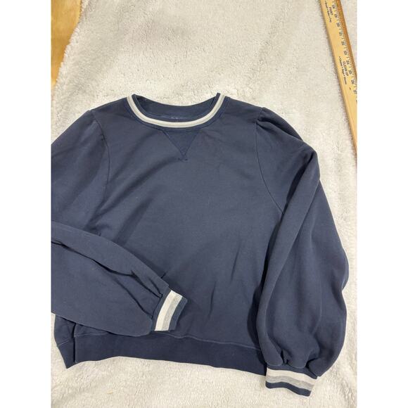 A&F Women’s Navy Crew Sweatshirt XL Puff Sleeve Cuff Stripe Trim Preppy Casual - Picture 3 of 9